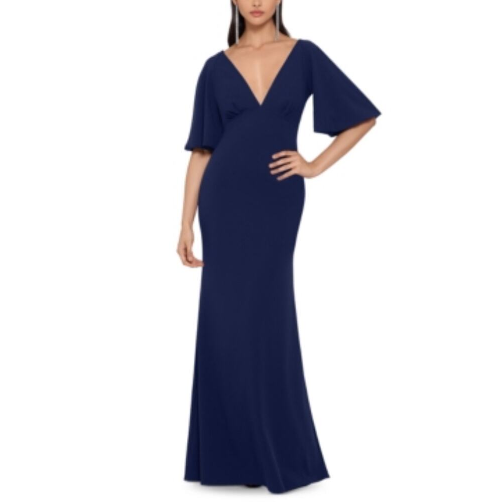 Betsy & Adam Short Sleeve V-Neck A-Line Evening Gown Blue Size 6 Formal Dress